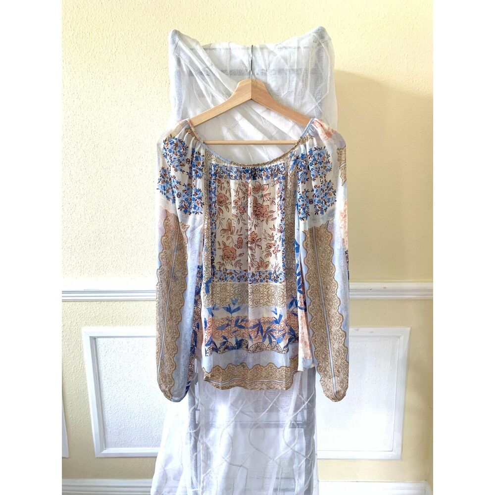 A. Byer Floral Printed Sheer Peasant Long Sleeve Top
